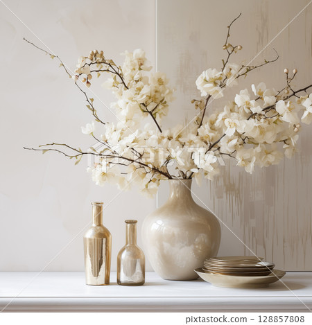 The background of the cream-colored hall has a cream-colored flower vase in Japanese style. 128857808