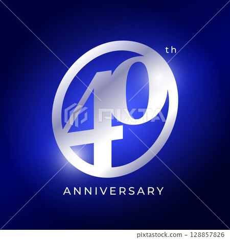 Elegant 40th Anniversary Logo Design With Silver Metallic Number On Blue Background. Luxury Celebration Emblem For Event, Company Birthday, Milestone, Or Award Ceremony. Vector Illustration 128857826