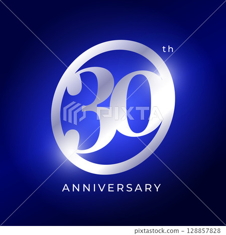 Elegant 30th Anniversary Logo Design With Silver Metallic Number On Blue Background. Luxury Celebration Emblem For Event, Company Birthday, Milestone, Or Award Ceremony. Vector Illustration 128857828