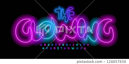 Colorful neon alphabet, glowing bold letters, funky rounded font for Halloween flyer, kids club poster, carnival sign, disco event, festive headline, luminous typographic design. Vector typeset 128857838