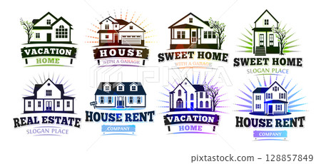 Colorful Real Estate Logo Set With Houses, Trees, and Sunburst Elements, Ideal for Property Sale, Rent, Vacation Homes, or Construction Branding. Vector Illustration. 128857849