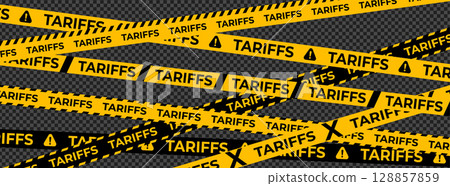 Tariff Warning Tape Set in Black and Yellow with Transparent Background. Caution Ribbons with Text Tariffs and Danger Signs. Fencing tape. Vector Illustration 128857859