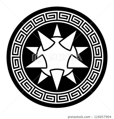 Morning star, surrounded by a band with meander pattern. Ball with spikes secured and safely enclosed by a circle frame and decorative border with Greek key pattern. Crop circle found 2025 in Bavaria. Morning star, surrounded by a band with meander pattern. Ball with spikes secured and safely enclosed by a circle frame and decorative border with Greek key pattern. Crop circle found 2025 in Bavaria. 128857904