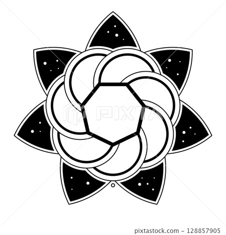 Seven-pointed star, a blossom shaped crop circle pattern, found 2025 near Turin in Italy. The shape of a flower with seven outer petals, with scattered pollen, possibly indicating star constellations. 128857905