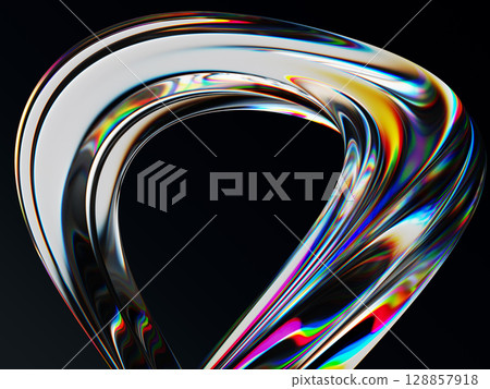 Neon fluid flow curve shape on black 3d background. Abstract liquid glass transparent ribbon wave line with rainbow caustic effect. Chromatic gradient water stream. Render dynamic bg. 3D illustration 128857918