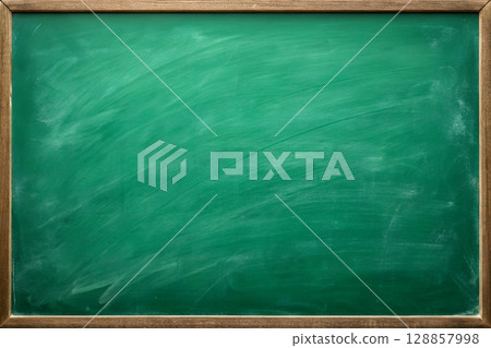 Empty vibrant green chalkboard with rustic wooden frame ready for your creative learning or presentation ideas 128857998