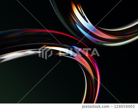 Abstract black 3d background with liquid glass chromatic wave lines render. Fluid flow curve shape with rainbow caustic effect, neon light hologram gradient. Digital tech dynamic bg. 3D illustration 128858003