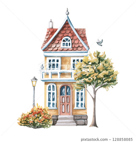 Urban yellow two-story house with autumn trees. Isolated watercolor illustration of buildings for the design of printed products of architectural bureaus, guidebooks, postcards, children's products. Urban yellow two-story house with autumn trees. Isolated watercolor illustration of buildings for the design of printed products of architectural bureaus, guidebooks, postcards, children's products. 128858085