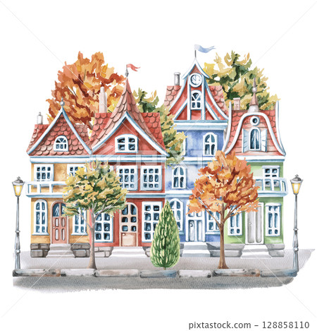 City street with colorful houses and autumn trees. Isolated watercolor illustration of buildings for design of printed products of architectural bureaus, guidebooks, postcards, children's products. 128858110