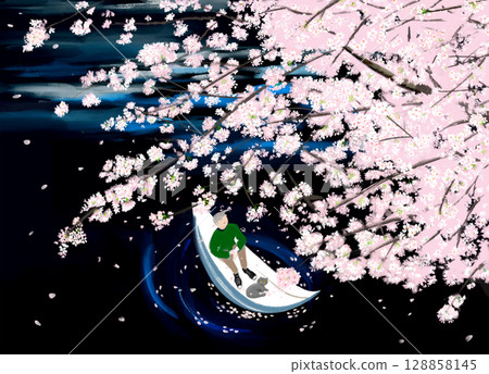 船上賞櫻的人物插畫 船上賞櫻的人物插畫 128858145