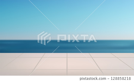 serene ocean view with light tiled patio under clear blue sky calm seascape background for travel summer outdoor nature concepts and minimalist design themes 128858218