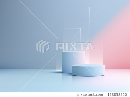 modern product display background with blue cylindrical podiums and translucent panels in soft pastel gradient for branding mockup template and 3d minimal scene 128858220