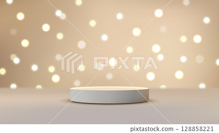 luxury gold background with white pedestal and bokeh lights for elegant product display mockup or showcase 128858221
