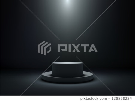 dark podium spotlight product display on moody background with elegant minimal pedestal for modern branding mockup showroom stage exhibition and presentation concept 128858224