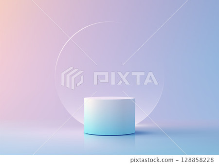 gradient white to blue cylindrical podium on reflective surface with transparent ring for ethereal product display mockup showroom gradient white to blue cylindrical podium on reflective surface with transparent ring for ethereal product display mockup showroom 128858228