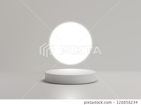 white podium mockup for product display with glowing circle on minimal gray background, 3d cylinder stage template for modern showcase and presentation white podium mockup for product display with glowing circle on minimal gray background, 3d cylinder stage template for modern showcase and presentation 128858234