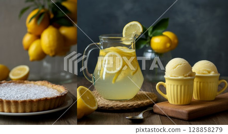 Lemon tart, refreshing lemonade, and sorbet in a vibrant kitchen setting with fresh lemons 128858279