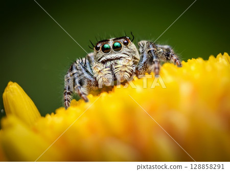 Close-up of a colorful jumping spider perched on a vibrant yellow flower petal in nature 128858291