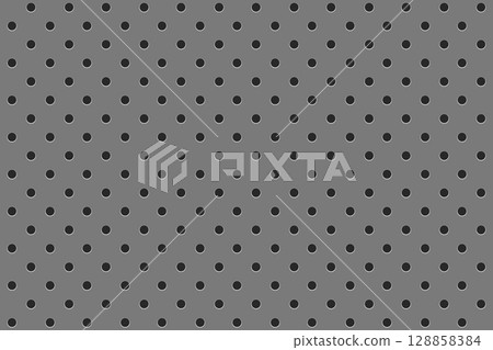 Pegboard peg board gray wall with circle dots, holes in geometric grid pattern. Perforated panel for hooks, diy construction.  128858384