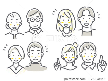 Multi-generational couple/married couple avatar illustration set Simple and stylish line drawing illustrations Multi-generational couple/married couple avatar illustration set Simple and stylish line drawing illustrations 128858448