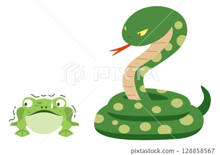 A frog caught in the sight of a snake (illustration of proverb) A frog caught in the sight of a snake (illustration of proverb) 128858567