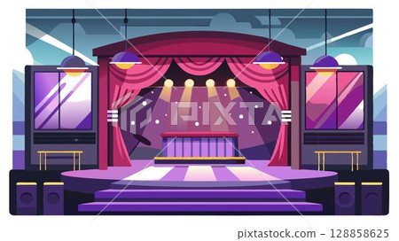 A surreal, vertical image of a nightclub stage, devoid of its usual life and vibrancy, creating a sense of eerie quietude. 128858625