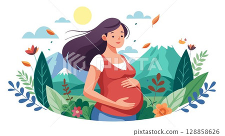 A determined and empowered pregnant woman, pursuing a healthy lifestyle, embraces the beauty of the outdoors. 128858626