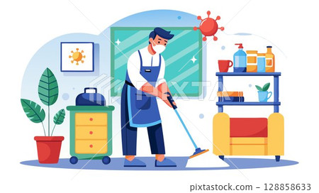 A hardworking hotel staff member, diligently sanitizing a room, prioritizing guest safety and well-being during the pandemic. 128858633
