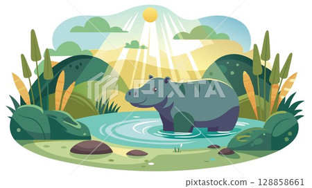 Sunlight filters through the water, illuminating the hippo's massive body and the surrounding pond. 128858661