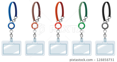 帶有捲軸商務彩色套裝的身份證持有人和手帶/員工身份證等向量插圖 帶有捲軸商務彩色套裝的身份證持有人和手帶/員工身份證等向量插圖 128858731