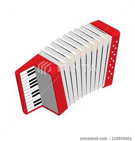 Isometric Accordion keyboard musical instrument top aerial view. Realistic 3D vector concept isolated on white background 128858802