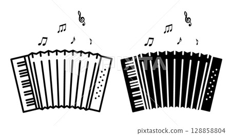 Linear icon. Accordion keyboard musical instrument based on movement of air inside an accordion shaped device. Simple black and white vector isolated on white background Linear icon. Accordion keyboard musical instrument based on movement of air inside an accordion shaped device. Simple black and white vector isolated on white background 128858804