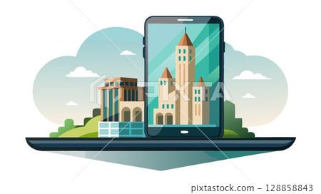 The reflection of the building's architecture is visible on the sleek surface of his phone. The reflection of the building's architecture is visible on the sleek surface of his phone. 128858843