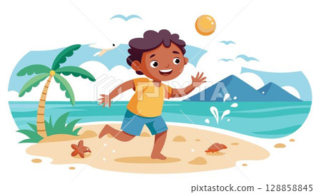 This captivating image embodies the simple beauty and carefree spirit of a child at play by the sea. This captivating image embodies the simple beauty and carefree spirit of a child at play by the sea. 128858845