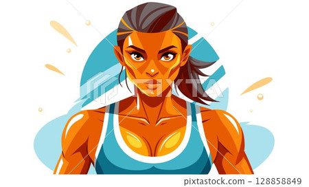 Sweat glistens on her skin, a testament to the exertion and dedication to her fitness regime. 128858849