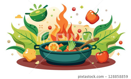 The sizzle and crackle of the vegetables are almost audible in the smooth, slow-motion footage. 128858859