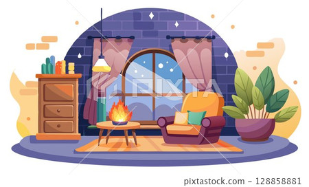The soft lighting and cozy setting enhance the feeling of warmth and security. 128858881