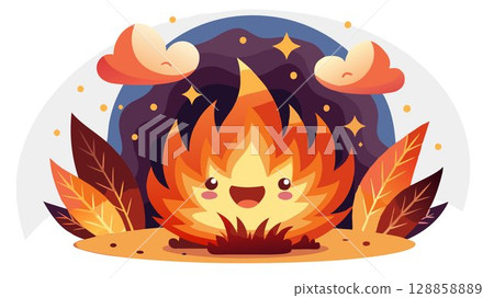 The warm glow of the fire illuminates their faces, creating a cozy and intimate atmosphere. The warm glow of the fire illuminates their faces, creating a cozy and intimate atmosphere. 128858889