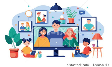 The multi-screen setup allows for an intimate and engaging virtual family gathering. 128858914