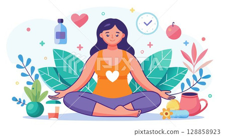 The image subtly showcases the importance of self-care and body positivity. 128858923