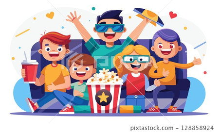 This image captures the joy and excitement of shared entertainment and the magic of 3D cinema. 128858924
