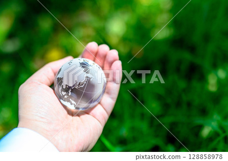 水晶球懸掛在美麗的新鮮綠色植物之上。生態影像。正常顏色。 水晶球懸掛在美麗的新鮮綠色植物之上。生態影像。正常顏色。 128858978