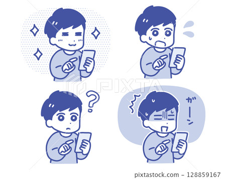 一位年輕男子手持智慧型手機的一組臉部表情(上半身,線條畫) 一位年輕男子手持智慧型手機的一組臉部表情(上半身,線條畫) 128859167