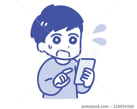 A young man having trouble looking at his smartphone (upper body, line drawing) A young man having trouble looking at his smartphone (upper body, line drawing) 128859169