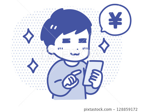 A smiling young man exchanging money via smartphone (upper body, line drawing) A smiling young man exchanging money via smartphone (upper body, line drawing) 128859172