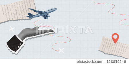 Business travel planning with an airplane and location markers. Vector illustration 128859246