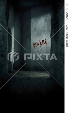 Corridor inside an abandoned old building and shabby grey plastered walls with bloody lettering BEWARE, vertical image. Corridor inside an abandoned old building and shabby grey plastered walls with bloody lettering BEWARE, vertical image. 128859297