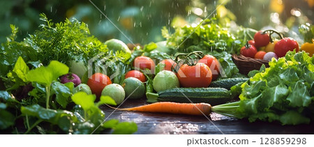 Fresh harvest of farm organic vegetables. Tomatoes, zucchini, carrots, parsley, lettuce on wet black surface outdoor under the rain. 128859298