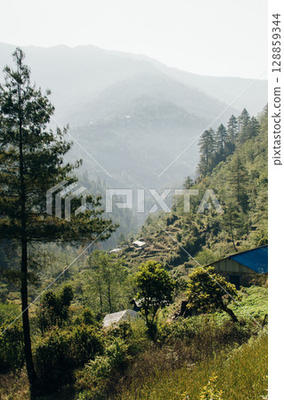 Terraced farming in Nepal. Village on a terraced hill during Annapurna Circuit Trek in Himalayas, Annapurna Conservation Area, Nepal. Rise fields. Agricultural concept 128859344