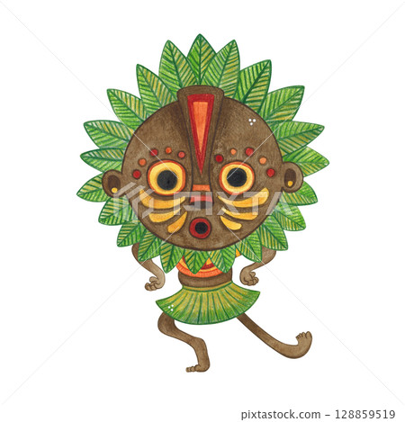 Dancing african aborigine in brown round mask with green leaves frame. Watercolor illustration, hand drawn, cartoon. Drawing for poster, stickers, print. Africa, mask, funny, character 128859519